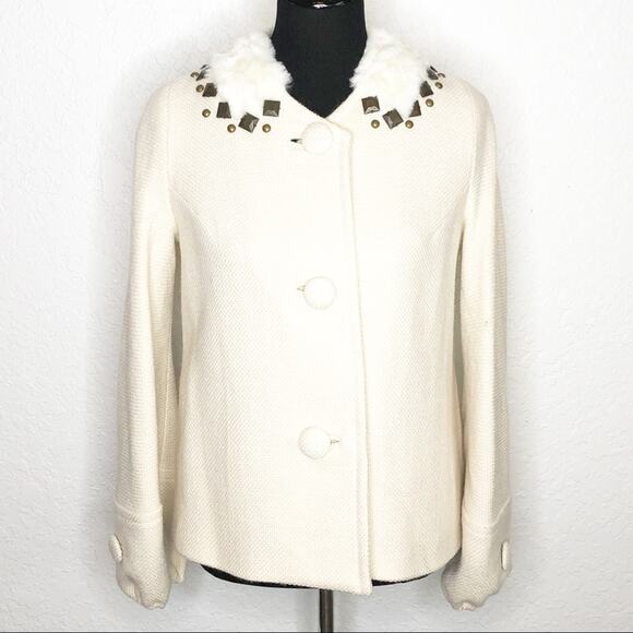 Rebecca Taylor cream tweed fur studded collar wool blend blazer size 6 - Picture 1 of 15